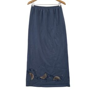 Vintage 90s Blue Fish Organic Cotton Hand Printed Maxi Skirt Lagenlook Artsy
